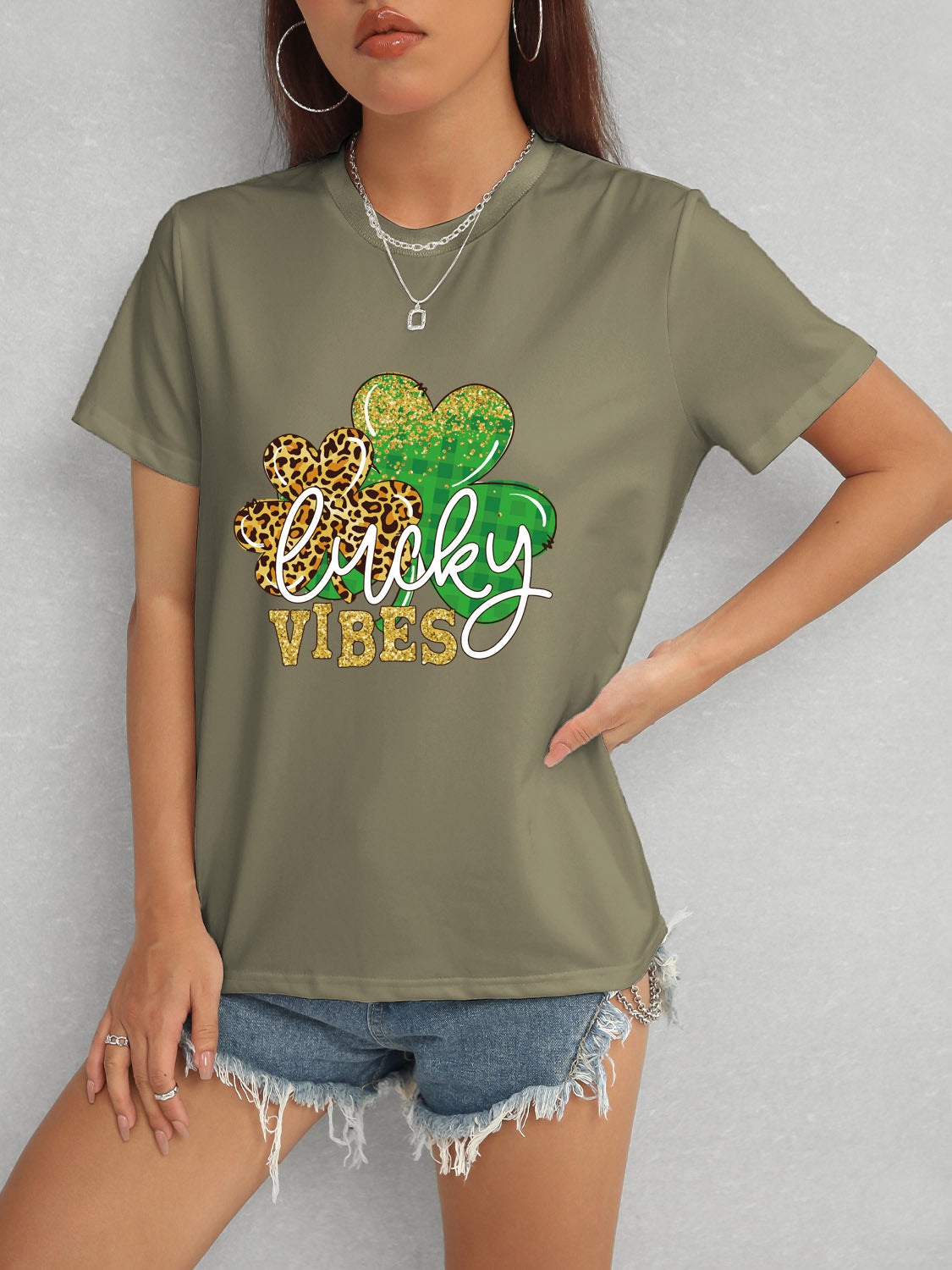 LUCKY VIBES Round Neck Short Sleeve T-Shirt-Angel Casuals