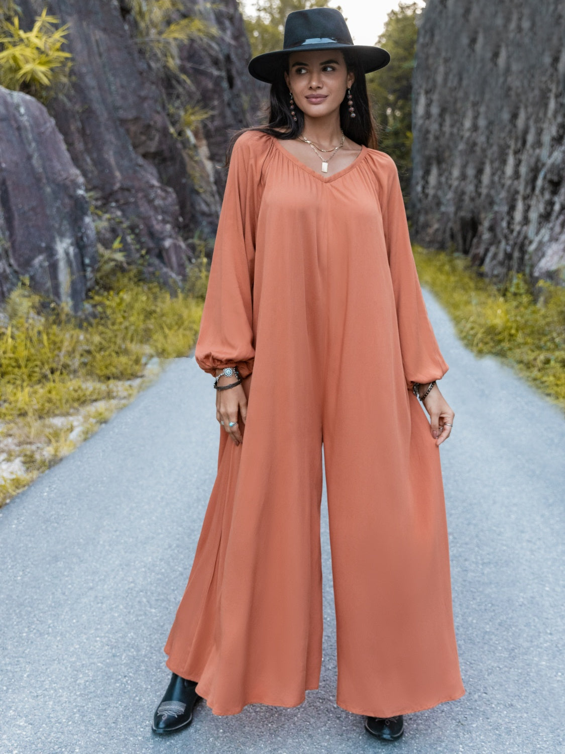 V-Neck Long Sleeve Wide Leg Jumpsuit-Angel Casuals