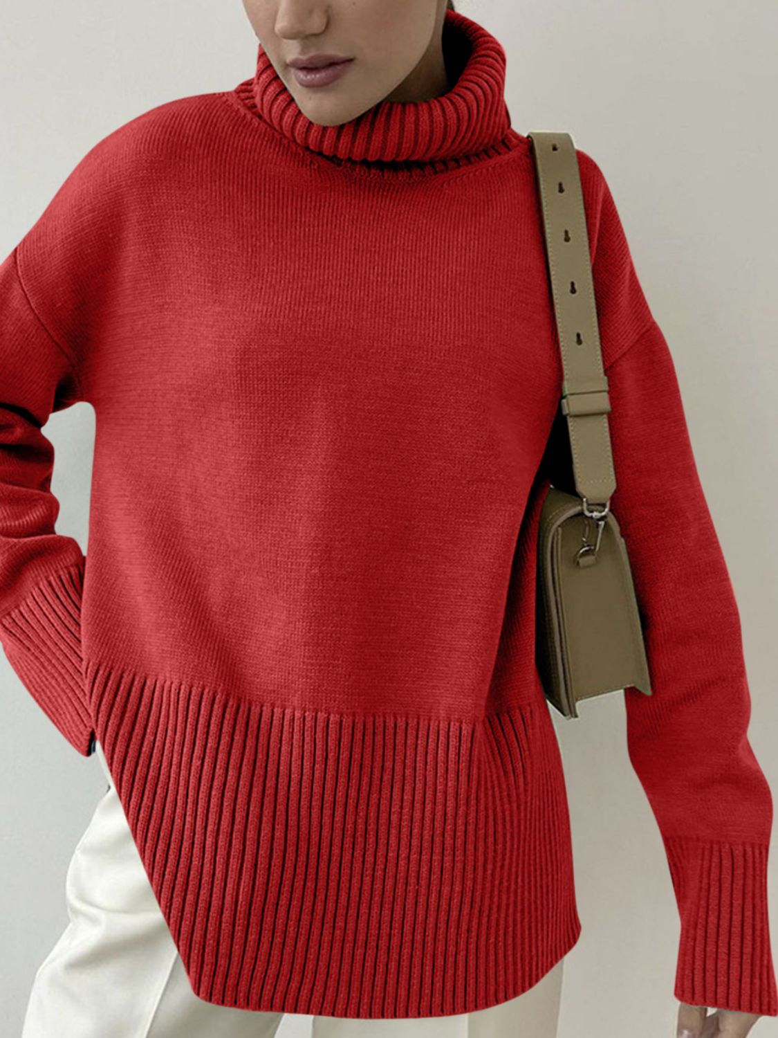 Side Slit Turtleneck Drop Shoulder Sweater-Angel Casuals