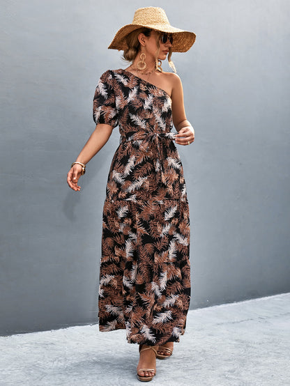 Printed Tie Waist One Shoulder Maxi Dress-Angel Casuals