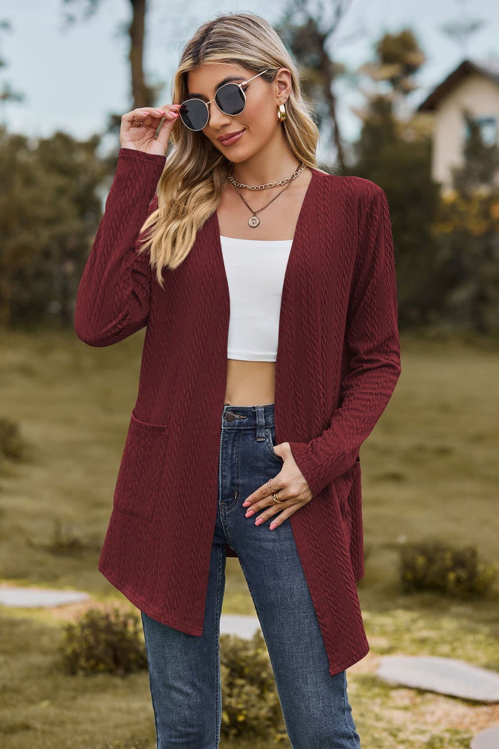 Cable-Knit Long Sleeve Cardigan with Pocket-Angel Casuals