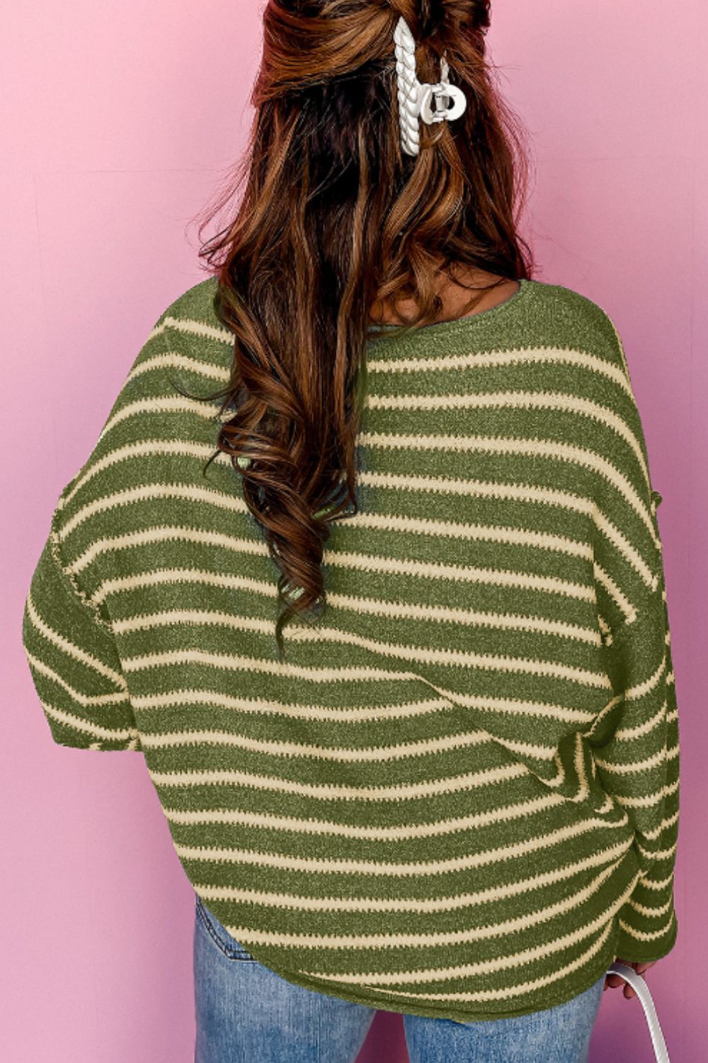 Striped Round Neck Dropped Shoulder Sweater-Angel Casuals