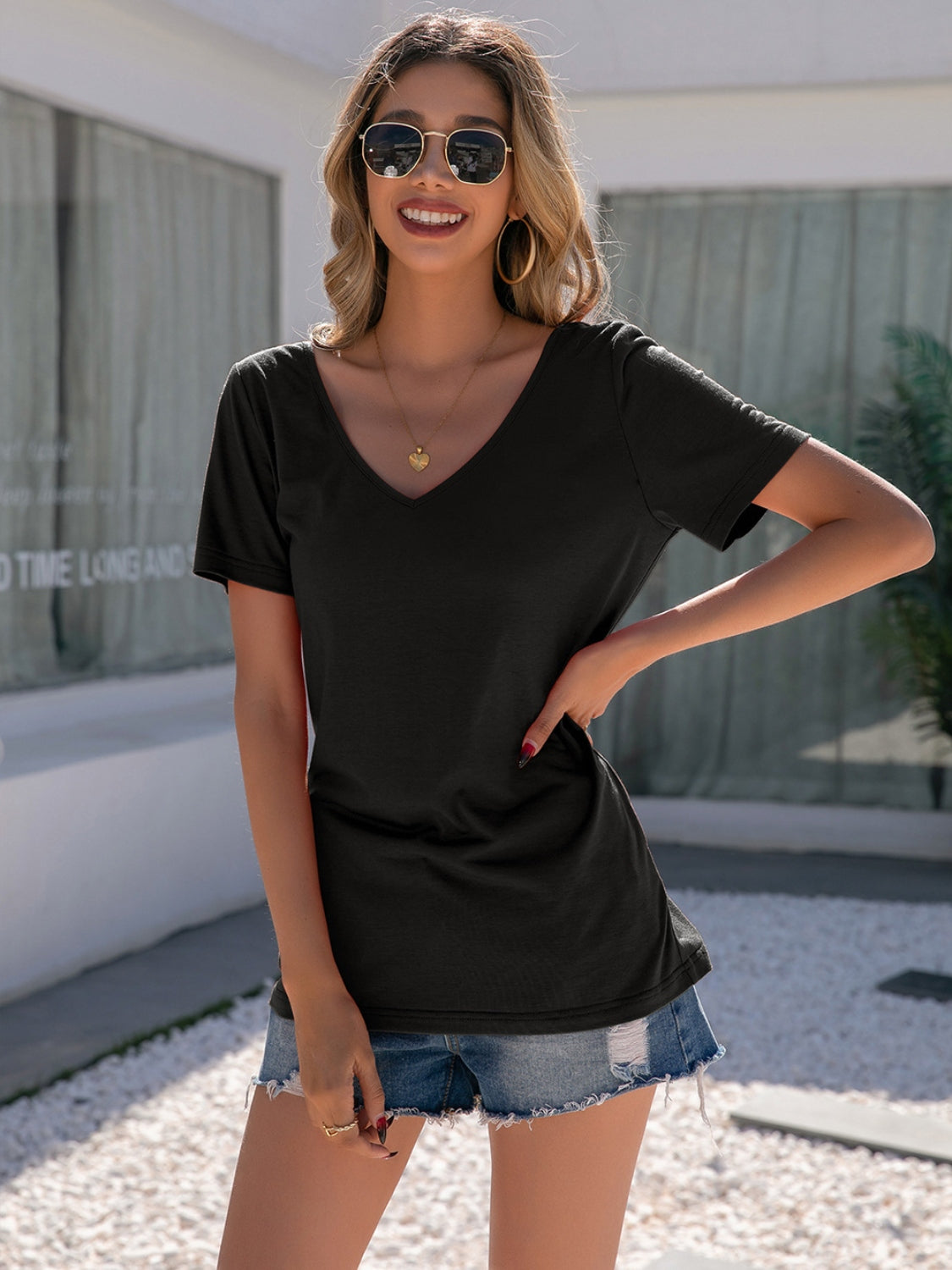 Lace Detail V-Neck Short Sleeve T-Shirt-Angel Casuals