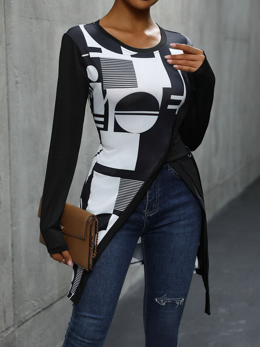 Perfee Geometric Round Neck Long Sleeve T-Shirt-Angel Casuals