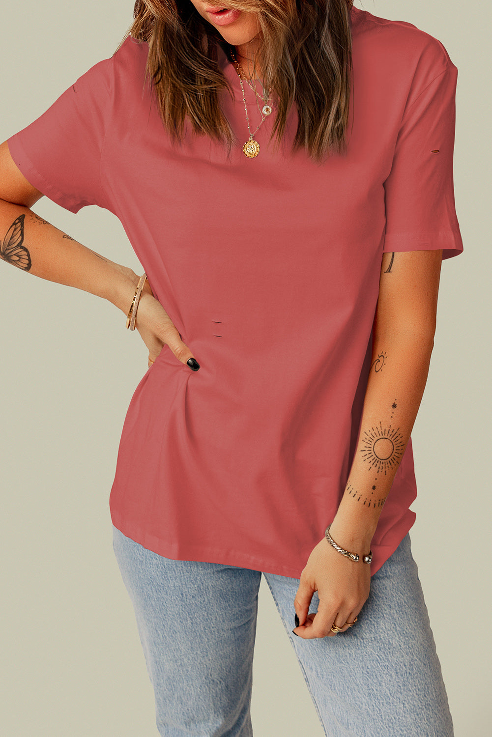 Distressed Round Neck Tee-Angel Casuals