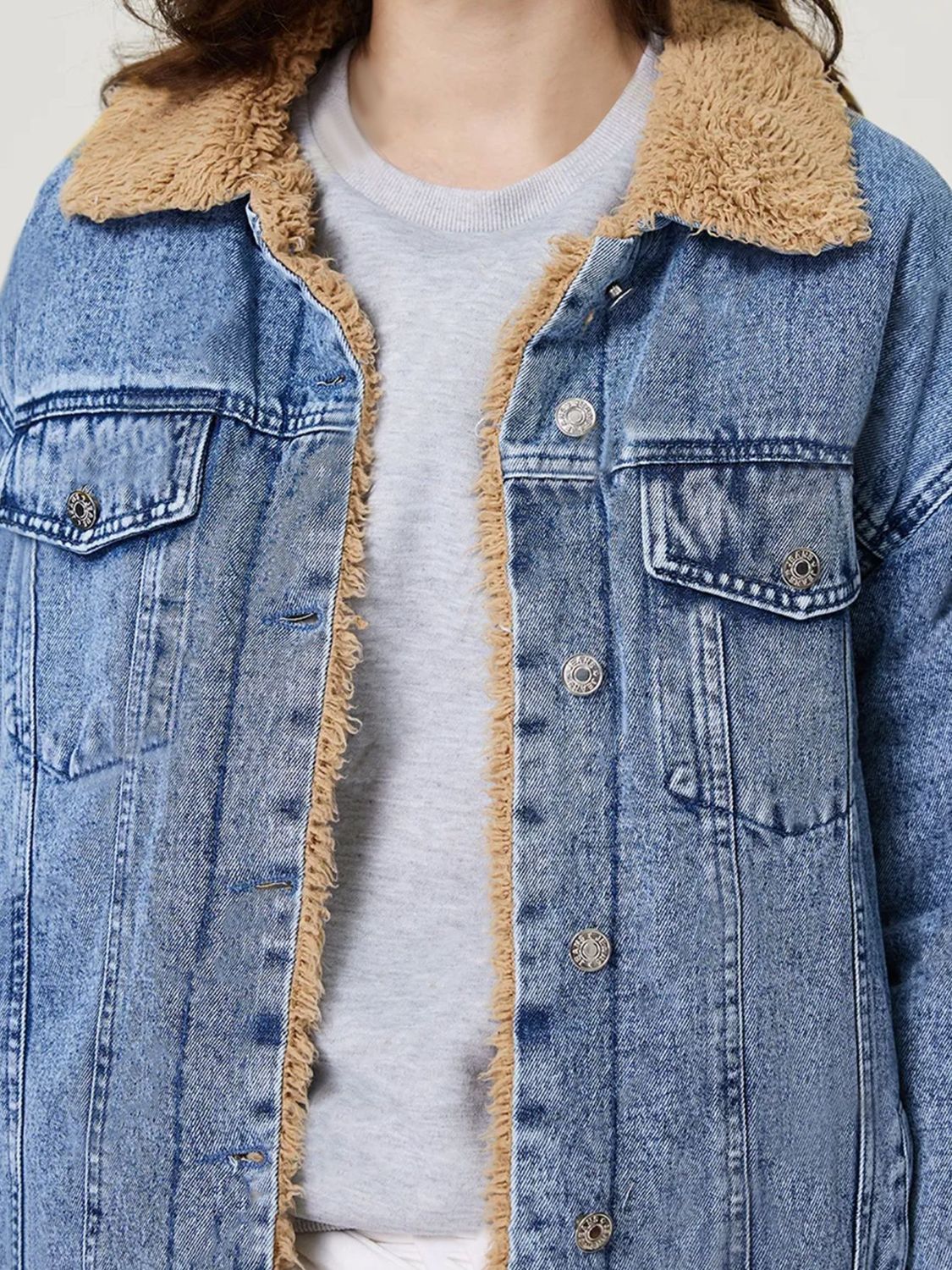 Button Up Collared Neck Plush Denim Jacket-Angel Casuals