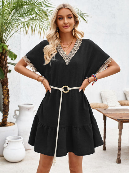 Ruffled V-Neck Half Sleeve Mini Dress-Angel Casuals