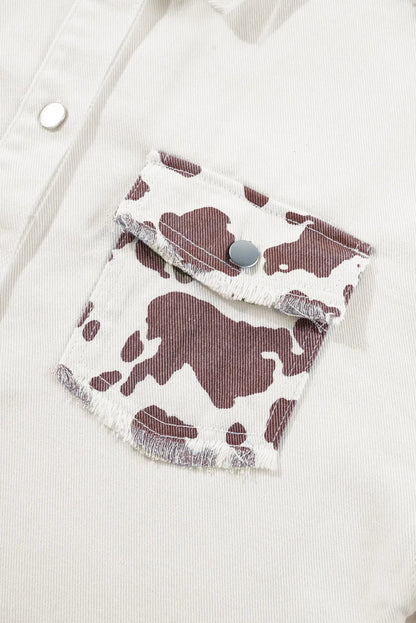 Raw Hem Animal Print Long Sleeve Denim Jacket-Angel Casuals