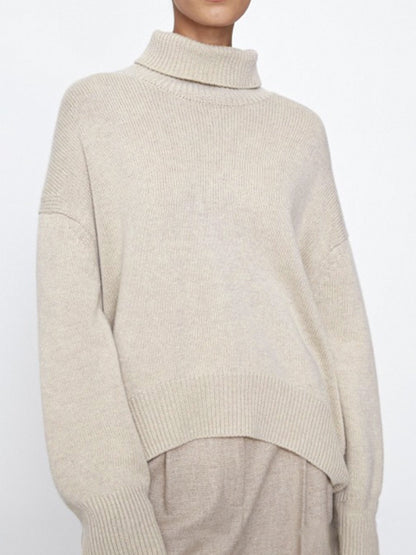 Ribbed Detail Turtleneck Dropped Shoulder Sweater-Angel Casuals