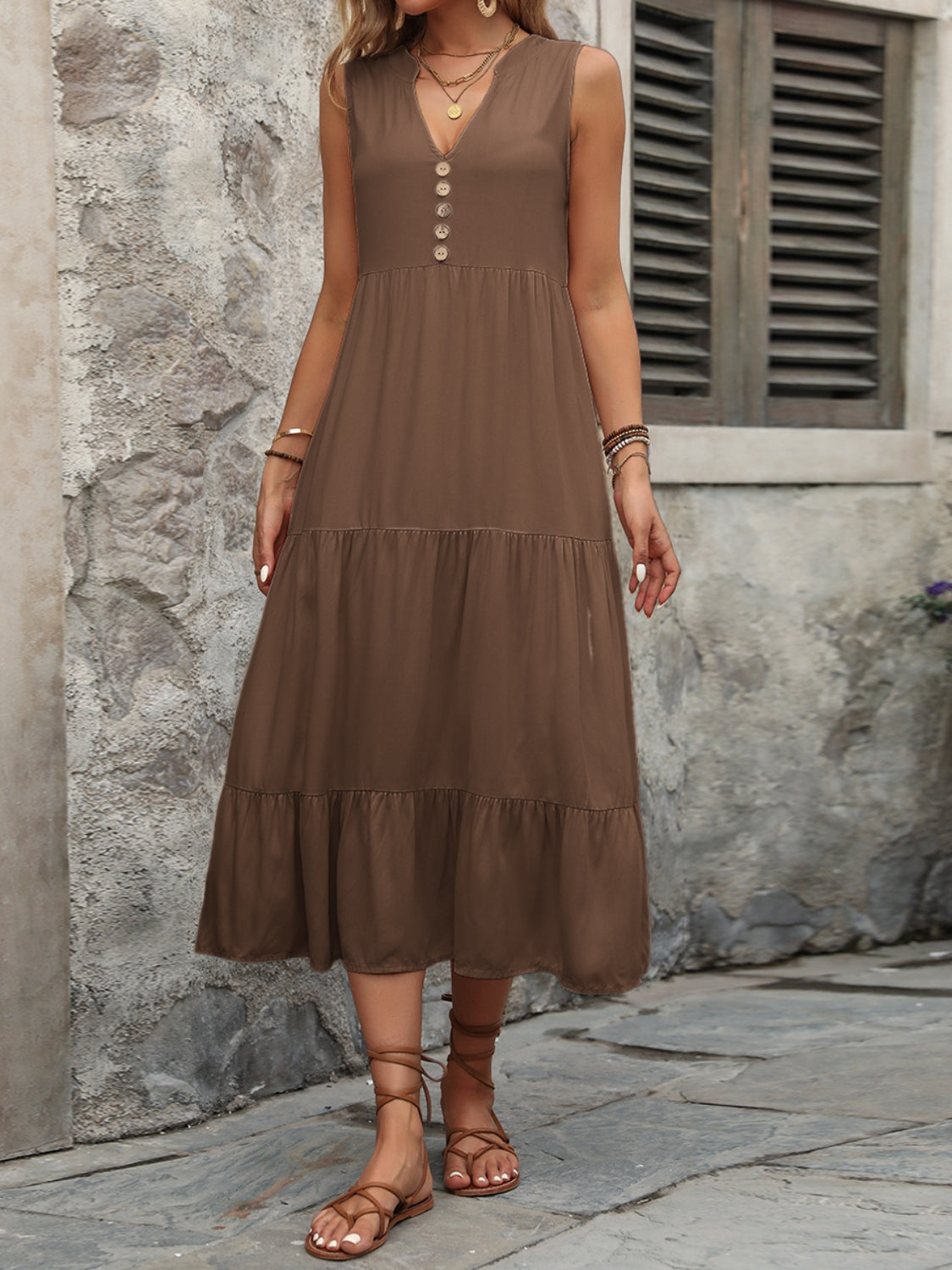 Decorative Button Notched Sleeveless Dress-Angel Casuals