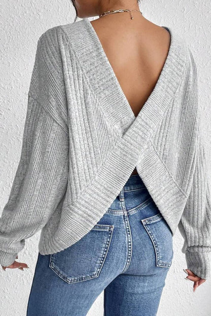 Crossover Backless Long Sleeve Knit Top-Angel Casuals