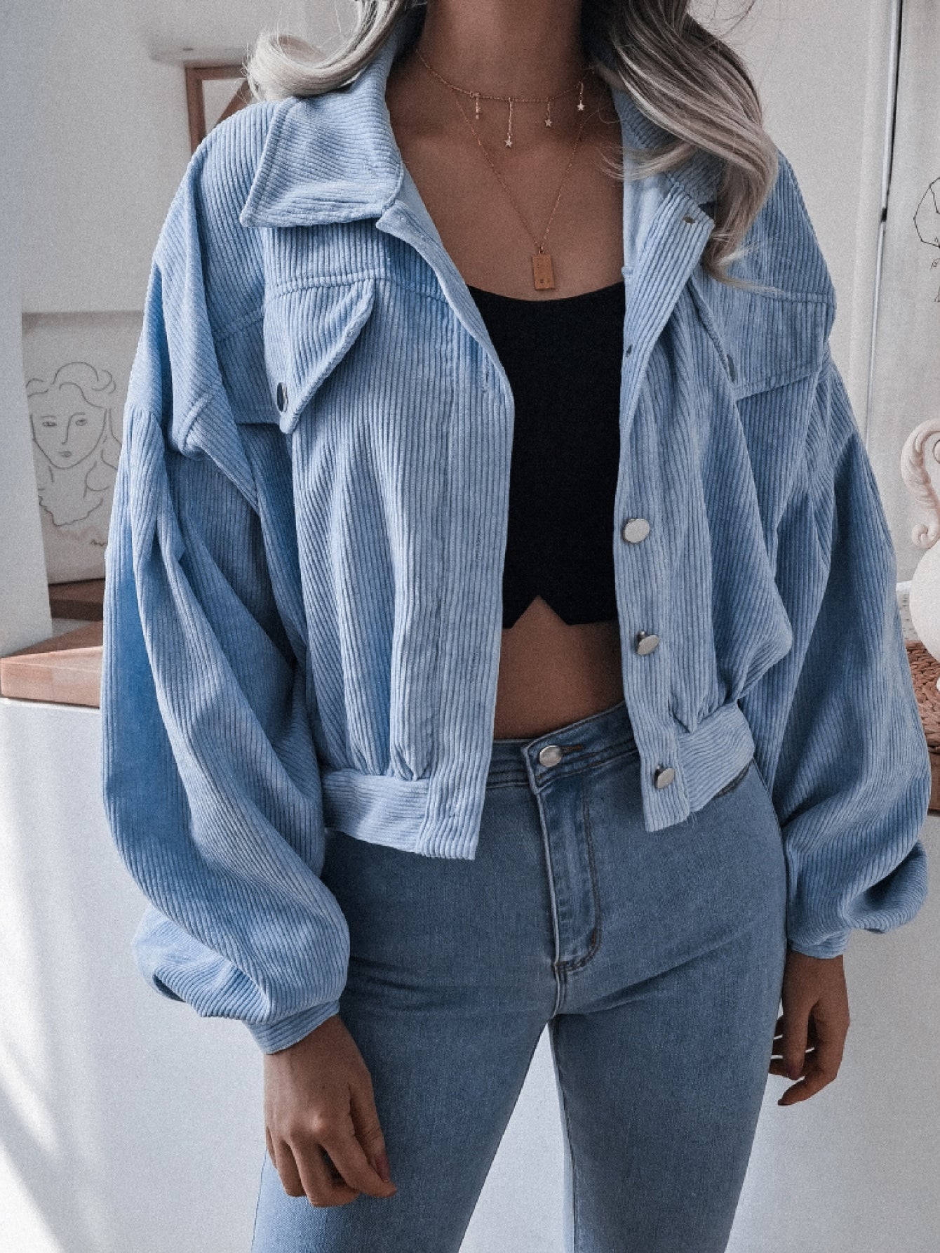 Lantern Sleeve Cropped Corduroy Jacket-Angel Casuals