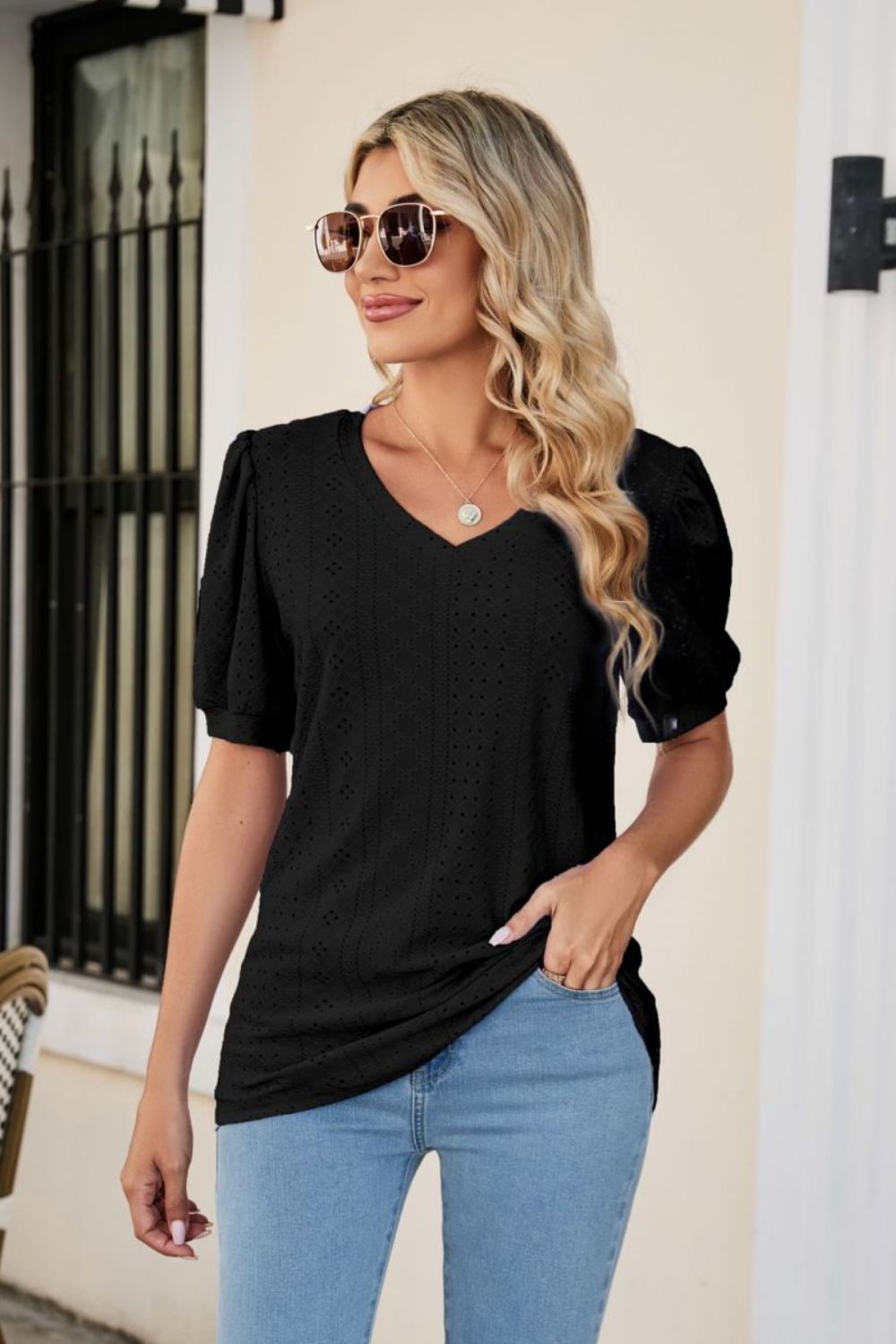 Eyelet Puff Sleeve V-Neck Top-Angel Casuals