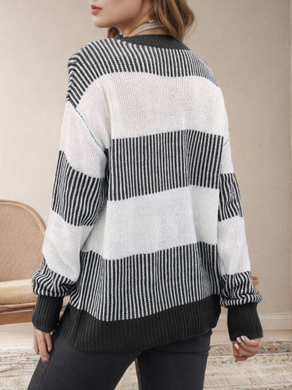 Striped Round Neck Long Sleeve Sweater-Angel Casuals