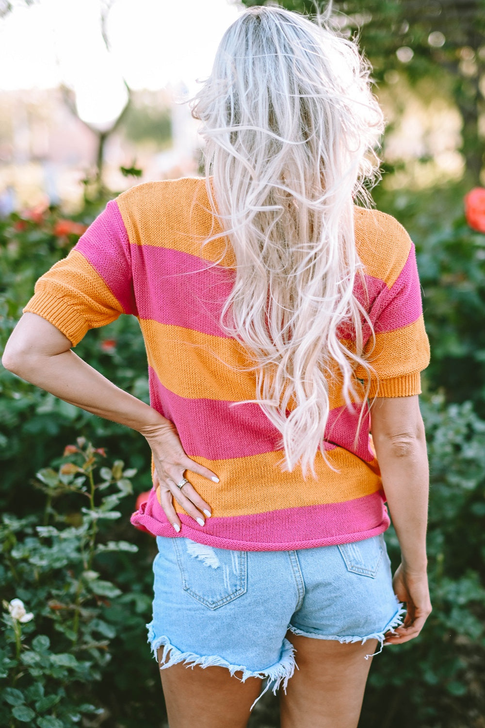 Color Block Round Neck Short Sleeve Knit Top-Angel Casuals