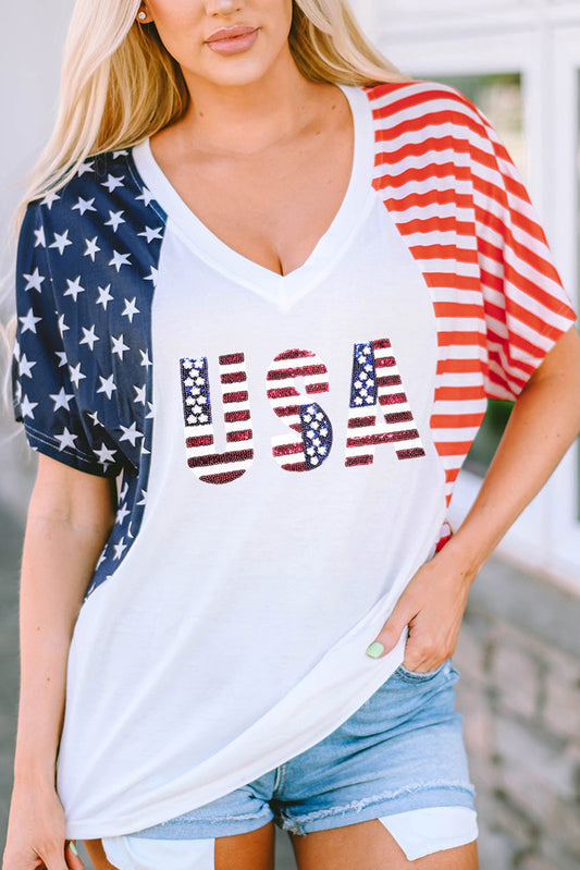 USA V-Neck Short Sleeve T-Shirt-Angel Casuals