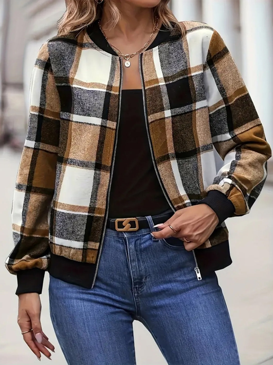 Plus Size Plaid Baseball Collar Zip Up Jacket-Angel Casuals
