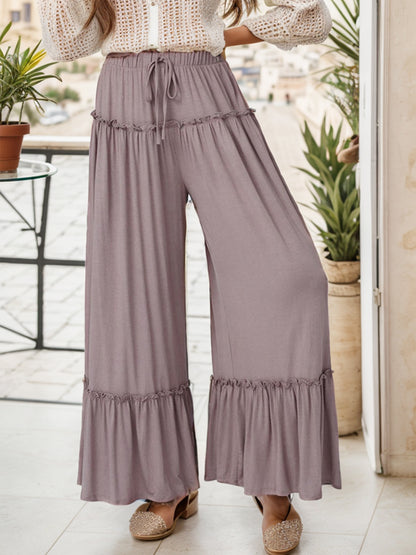 Wide Leg Ruffle Trim Pants-Angel Casuals