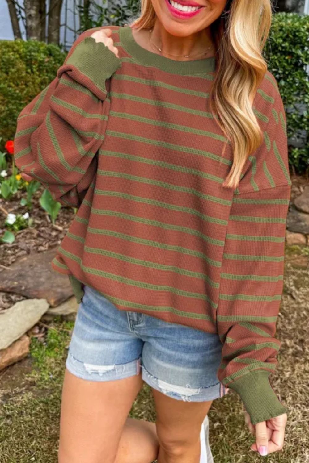 Striped Round Neck Long Sleeve Sweater-Angel Casuals