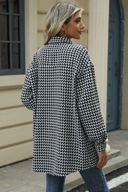 Houndstooth Button Up Dropped Shoulder Coat-Angel Casuals