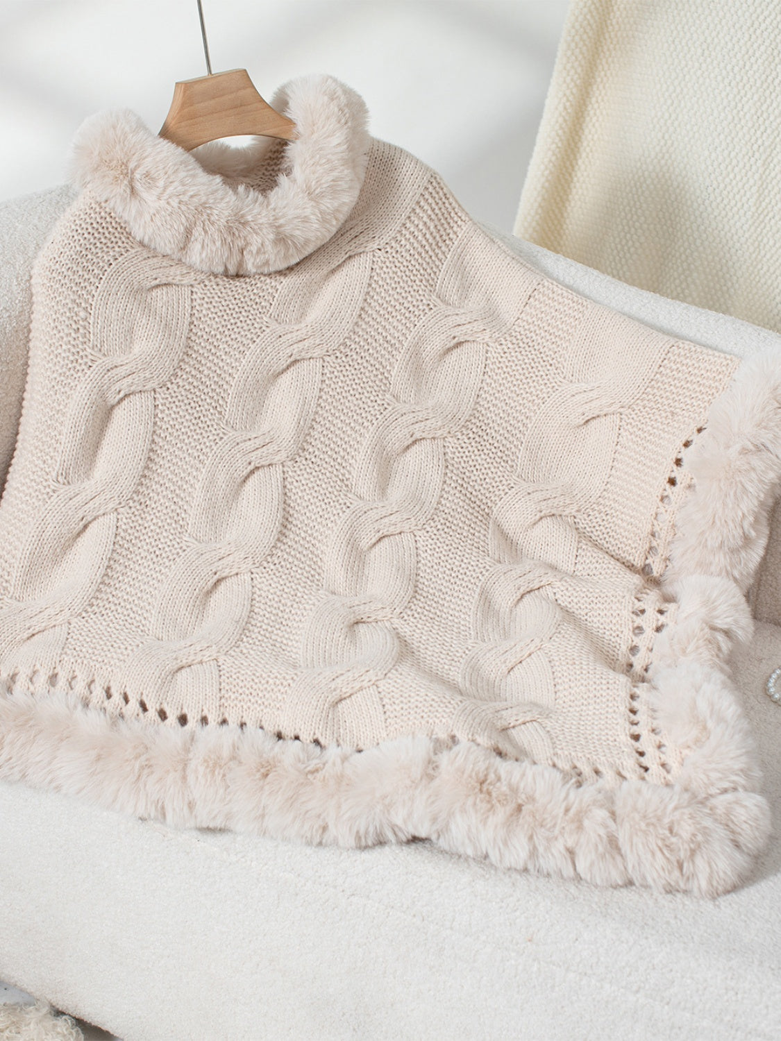 Fuzzy Hem Cable-Knit Poncho-Angel Casuals