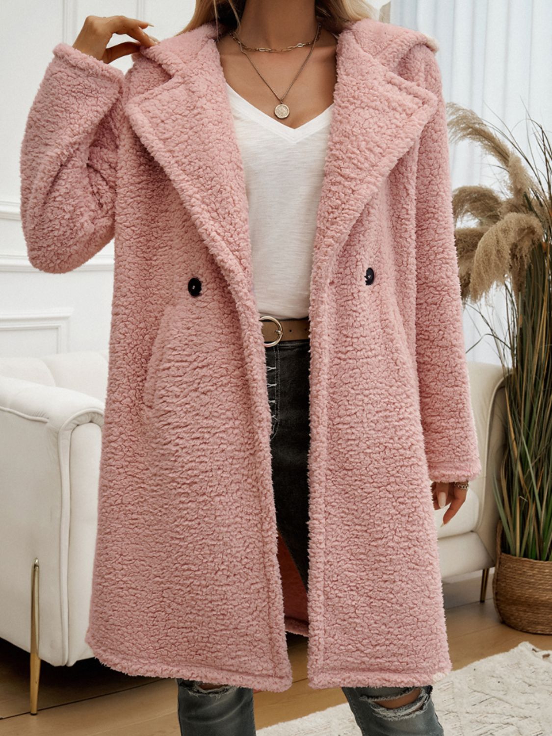 Devine Pocketed Long Sleeve Hooded Teddy Coat-Angel Casuals