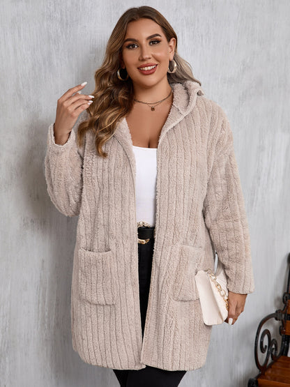Plus Size Open Front Long Sleeve Hooded Fuzzy Jacket-Angel Casuals