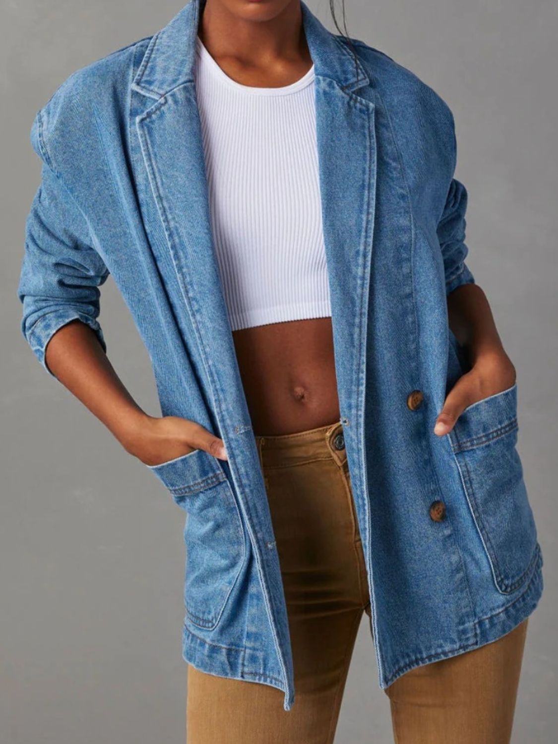 Pocketed Lapel Collar Long Sleeve Denim Jacket-Angel Casuals