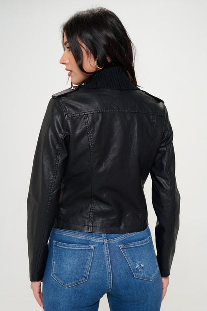 Coalition LA Knit Collared Faux Leather Crop Jacket-Angel Casuals