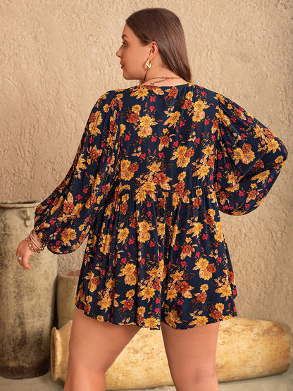 Plus Size Floral Tie Neck Balloon Sleeve Romper-Angel Casuals