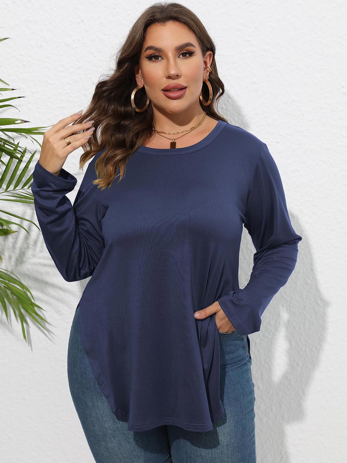 Plus Size Round Neck Long Sleeve Slit T-Shirt-Angel Casuals