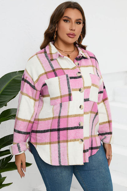 Plaid Button Up Dropped Shoulder Jacket-Angel Casuals