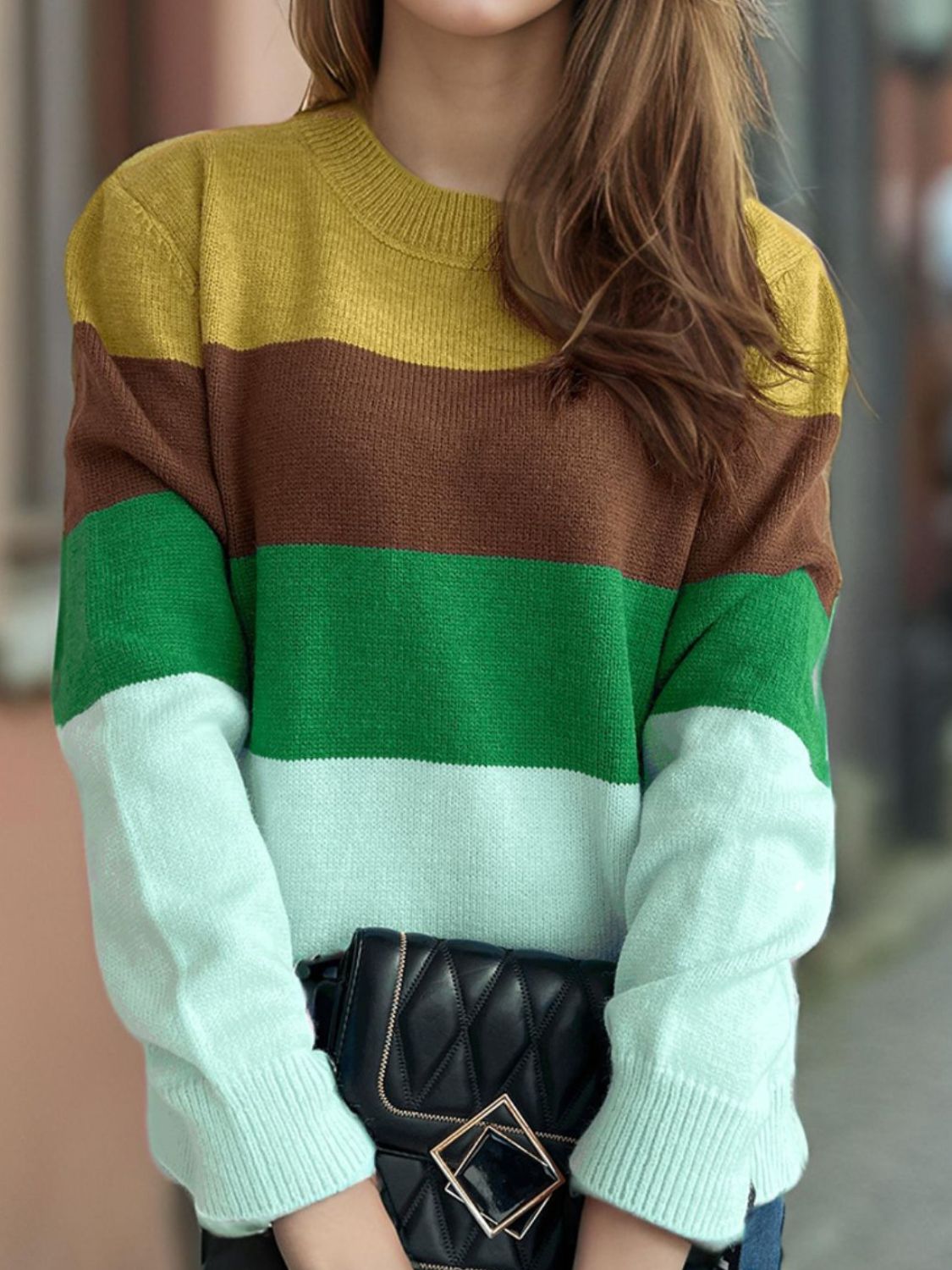 Color Block Round Neck Long Sleeve Sweater-Angel Casuals