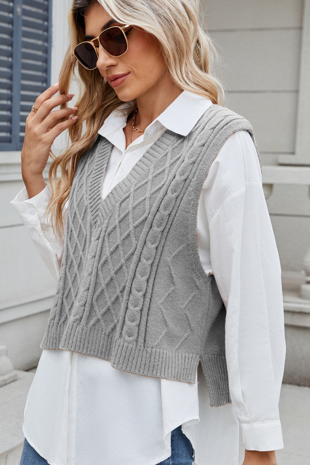 Cable-Knit V-Neck Sweater Vest-Angel Casuals