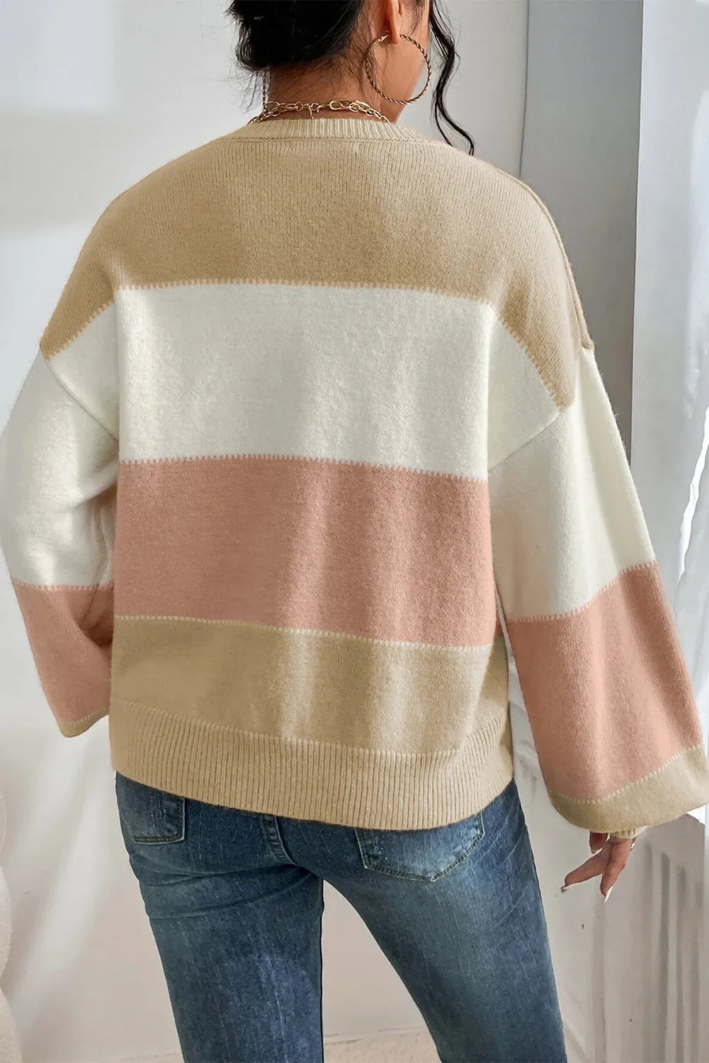 Color Block Round Neck Lantern Sleeve Sweater-Angel Casuals