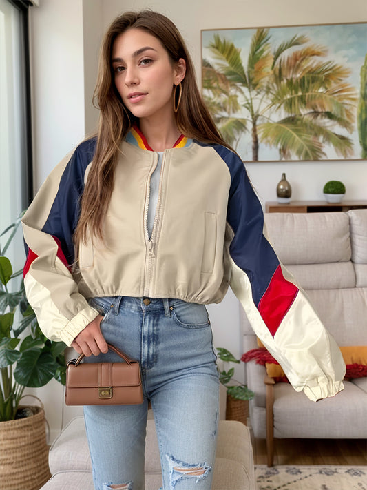 Contrast Baseball Collar Zip Up Long Sleeve Jacket-Angel Casuals