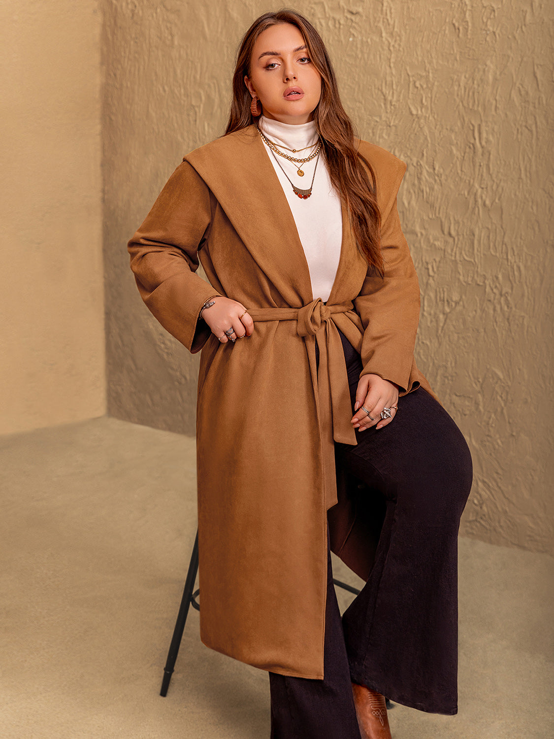 Plus Size Tied Long Sleeve Hooded Coat with Pockets-Angel Casuals