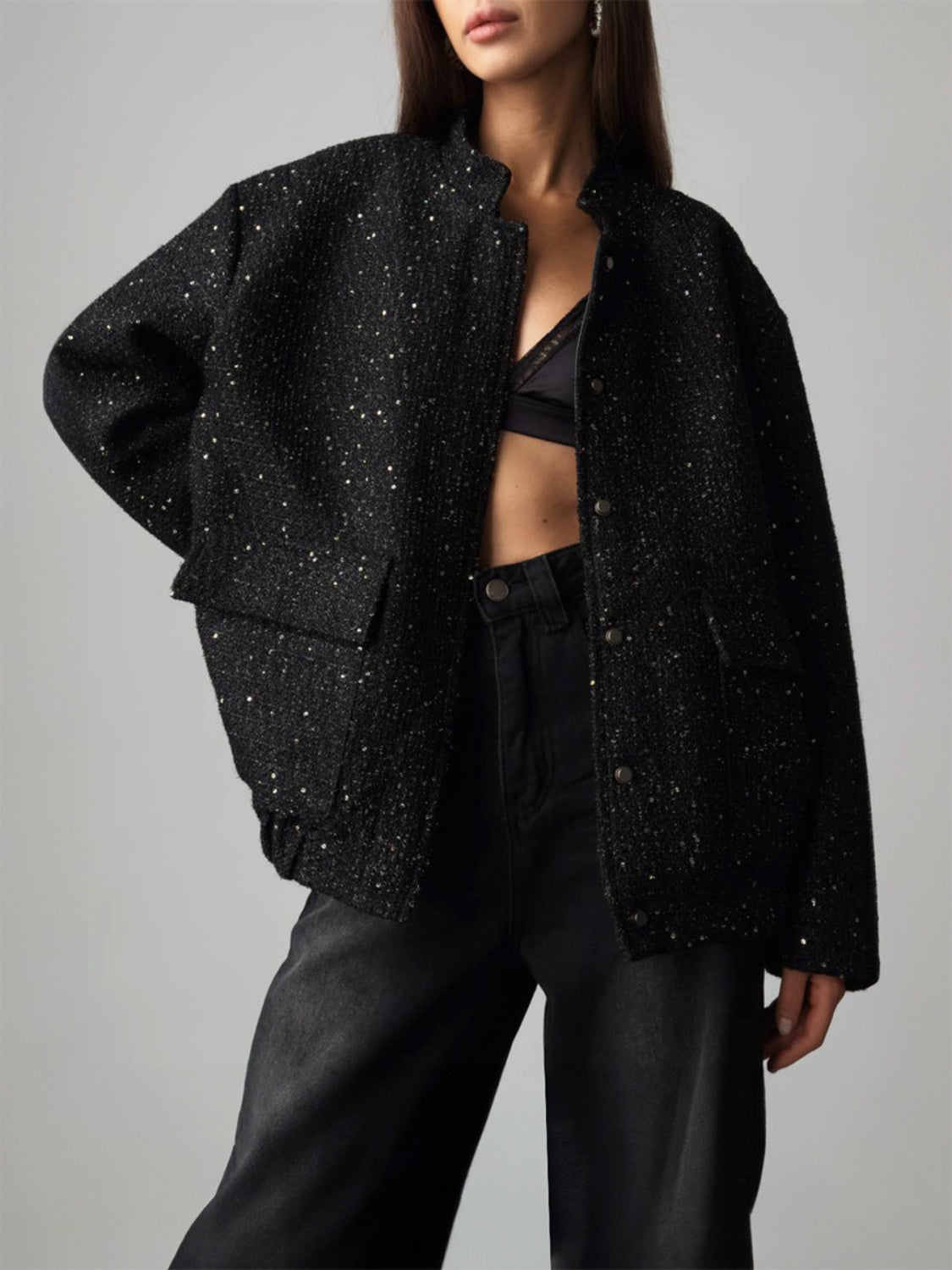 Sequin Detail Pocketed Long Sleeve Jacket-Angel Casuals