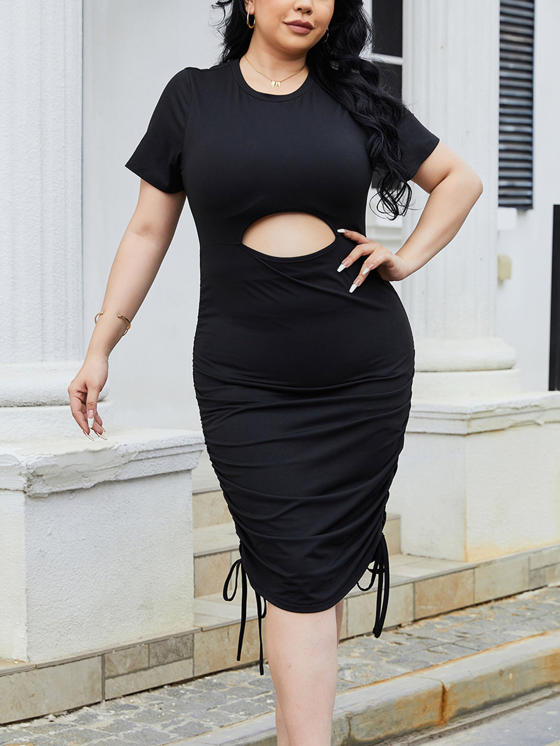 Plus Size Cutout Ruched Round Neck Short Sleeve Dress-Angel Casuals