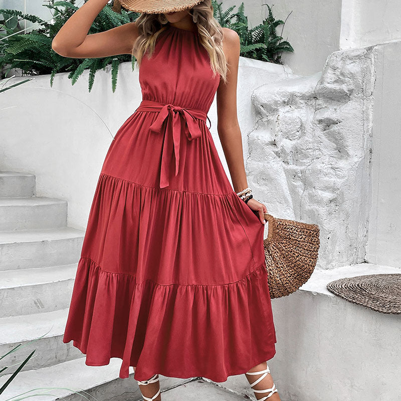 Tie Belt Tiered Midi Dress-Angel Casuals