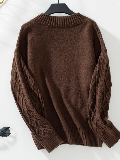 Cable-Knit Notched Long Sleeve Sweater-Angel Casuals