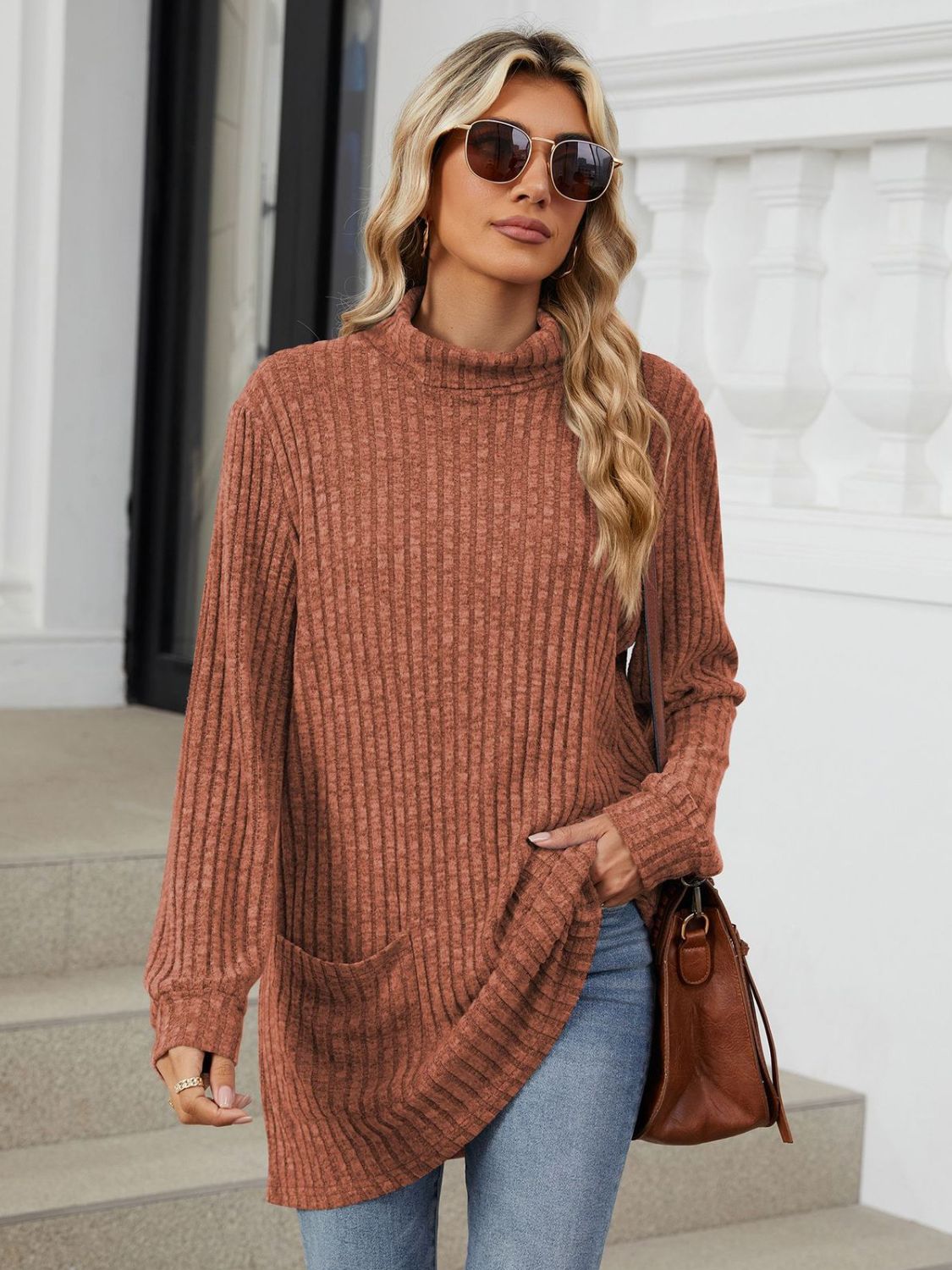 Ribbed Mock Neck Long Sleeve T-Shirt-Angel Casuals