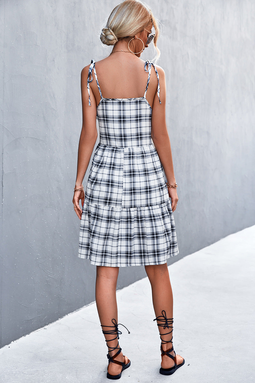 Plaid Tie-Shoulder Tiered Dress-Angel Casuals