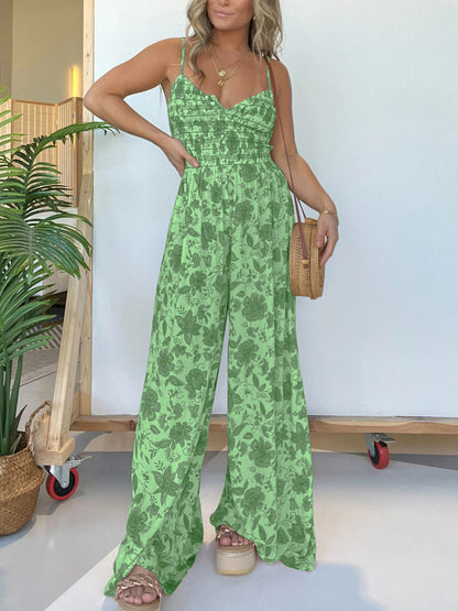 Full Size Printed Spaghetti Strap Wide Leg Jumpsuit-Angel Casuals