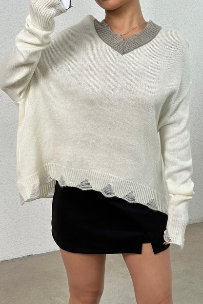 Distressed V-Neck Dropped Shoulder Sweater-Angel Casuals