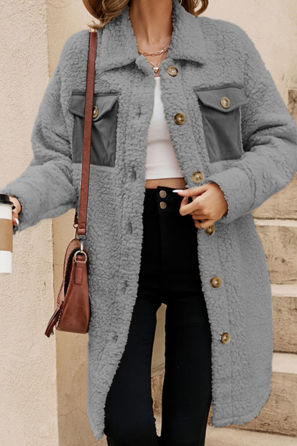 Collared Neck Long Sleeve Longline Teddy Jacket-Angel Casuals