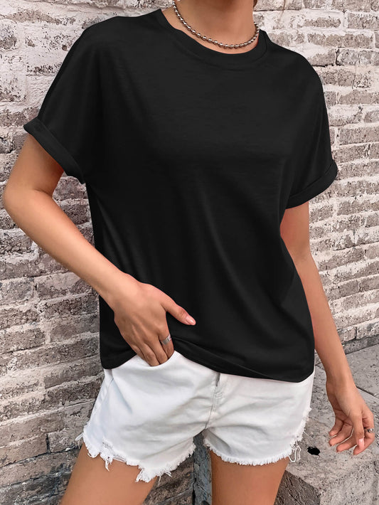 Round Neck Cuffed Sleeve T-Shirt-Angel Casuals