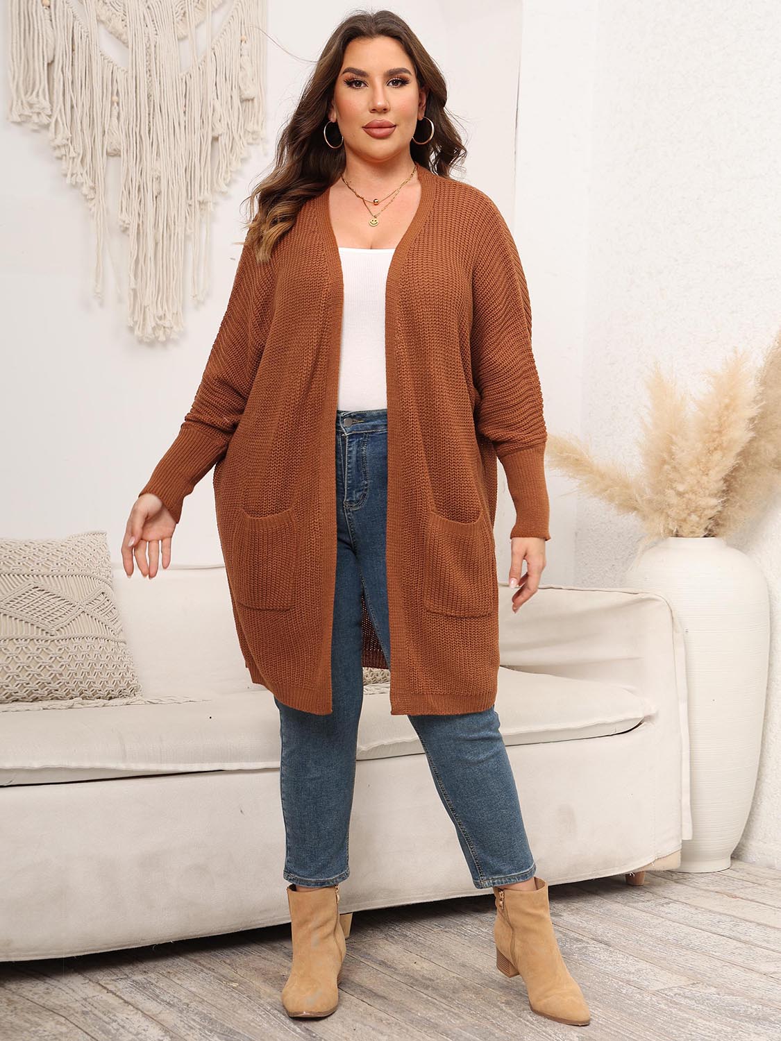 Plus Size Open Front Cardigan With Pockets-Angel Casuals