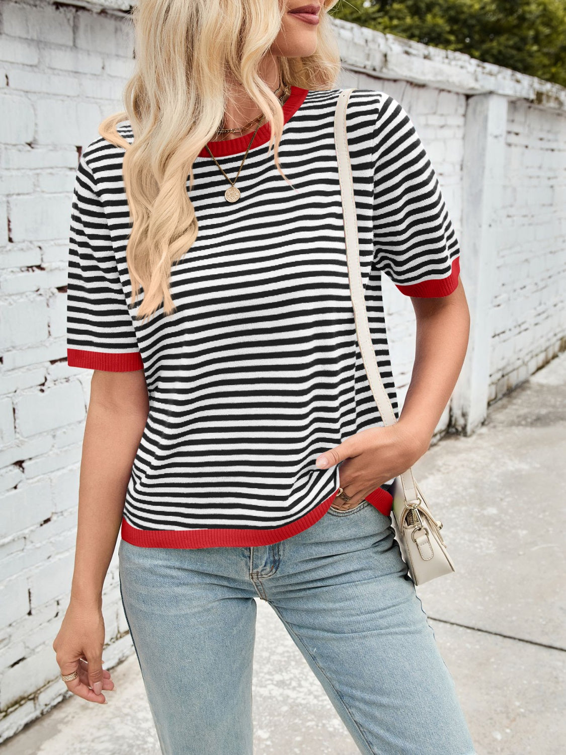 Lovelet Striped Contrast Round Neck Half Sleeve Knit Top-Angel Casuals