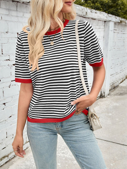 Lovelet Striped Contrast Round Neck Half Sleeve Knit Top-Angel Casuals